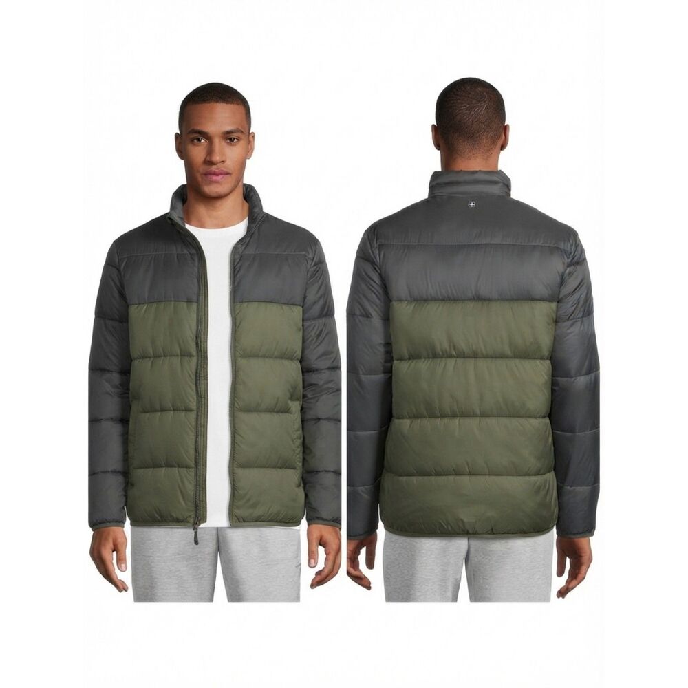 SwissTech Colorblock Gray Green Wind Resistant Packable Puffer Jacket Gorpcore M